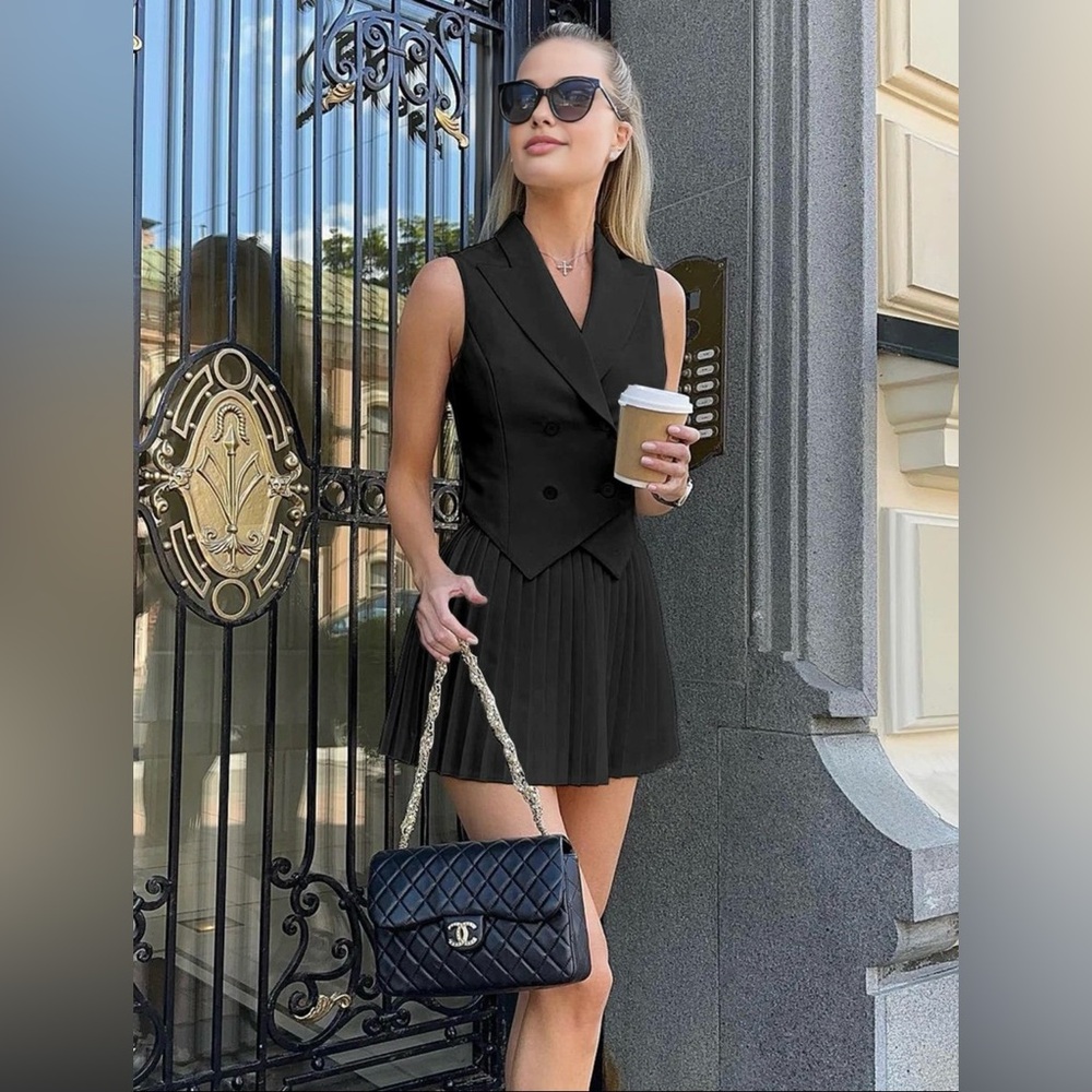 Commense Suit Waistcoat With Pleated Mini Skirt Set